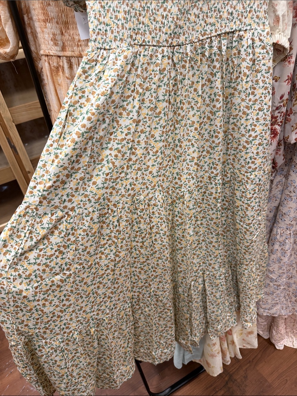 Girls' Floral Smocked Puff-Sleeve Dress - Cream with Green & Yellow Floral - Picture 3 of 3